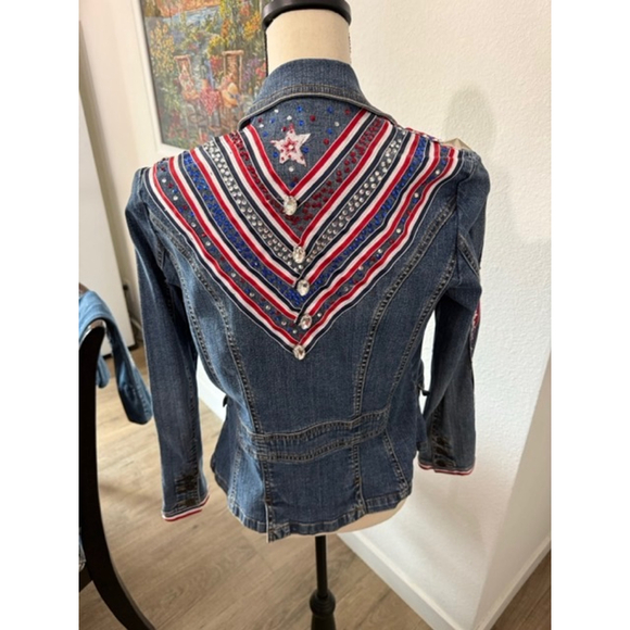 St John’s Bay Upcycled Jean Jacket Americana Festive Red White Blue SZ Medium - Picture 2 of 9